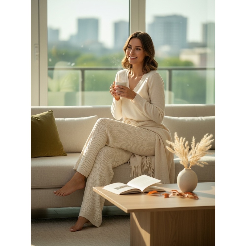 Unbranded Cable Knit Lounge Pants Women Small Cream Wide Leg High Rise Cozy